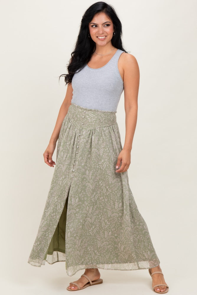Light Olive Floral Chiffon Button Detail Maternity Maxi Skirt