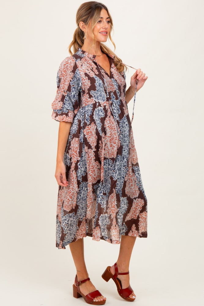 Black Floral Chiffon Front Tie Maternity Midi Dress