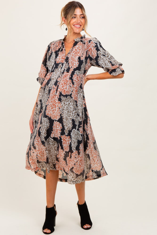 Brown Floral Chiffon Front Tie Maternity Midi Dress