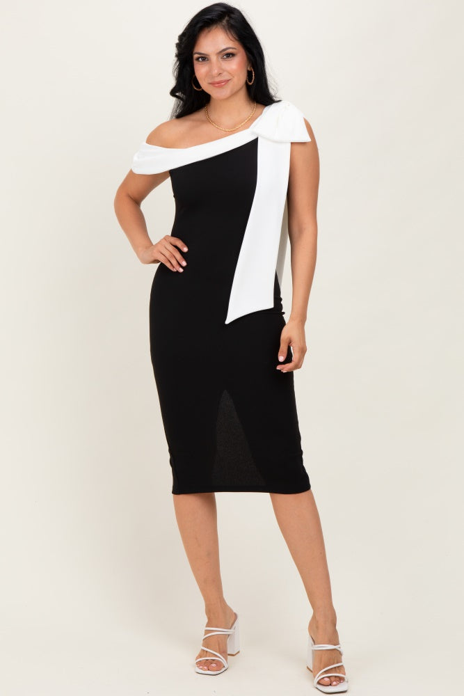 Black Oversized Bow One Shoulder Maternity Midi Dress