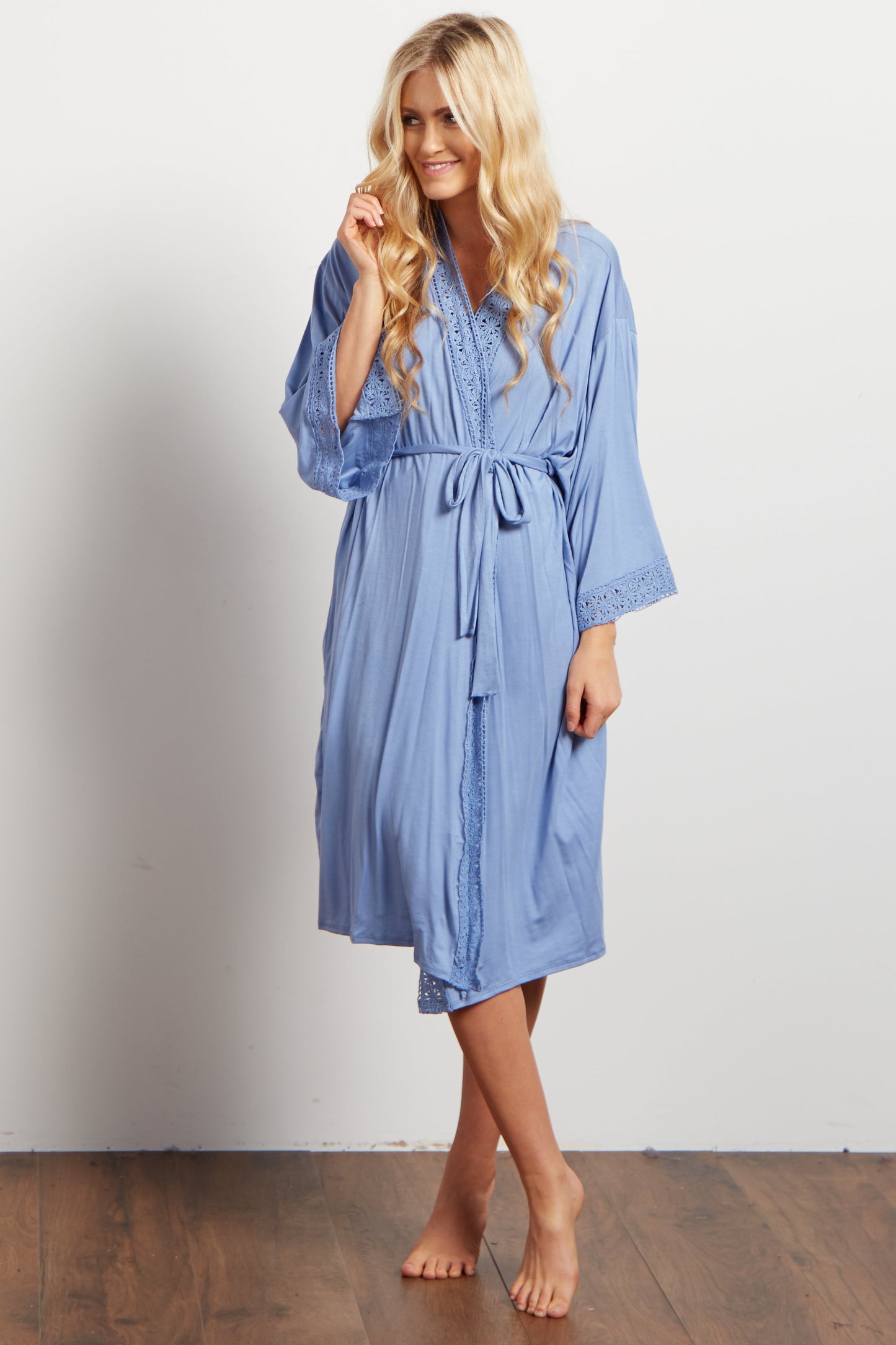 PinkBlush Blue Crochet Trim Delivery/Nursing Maternity Robe