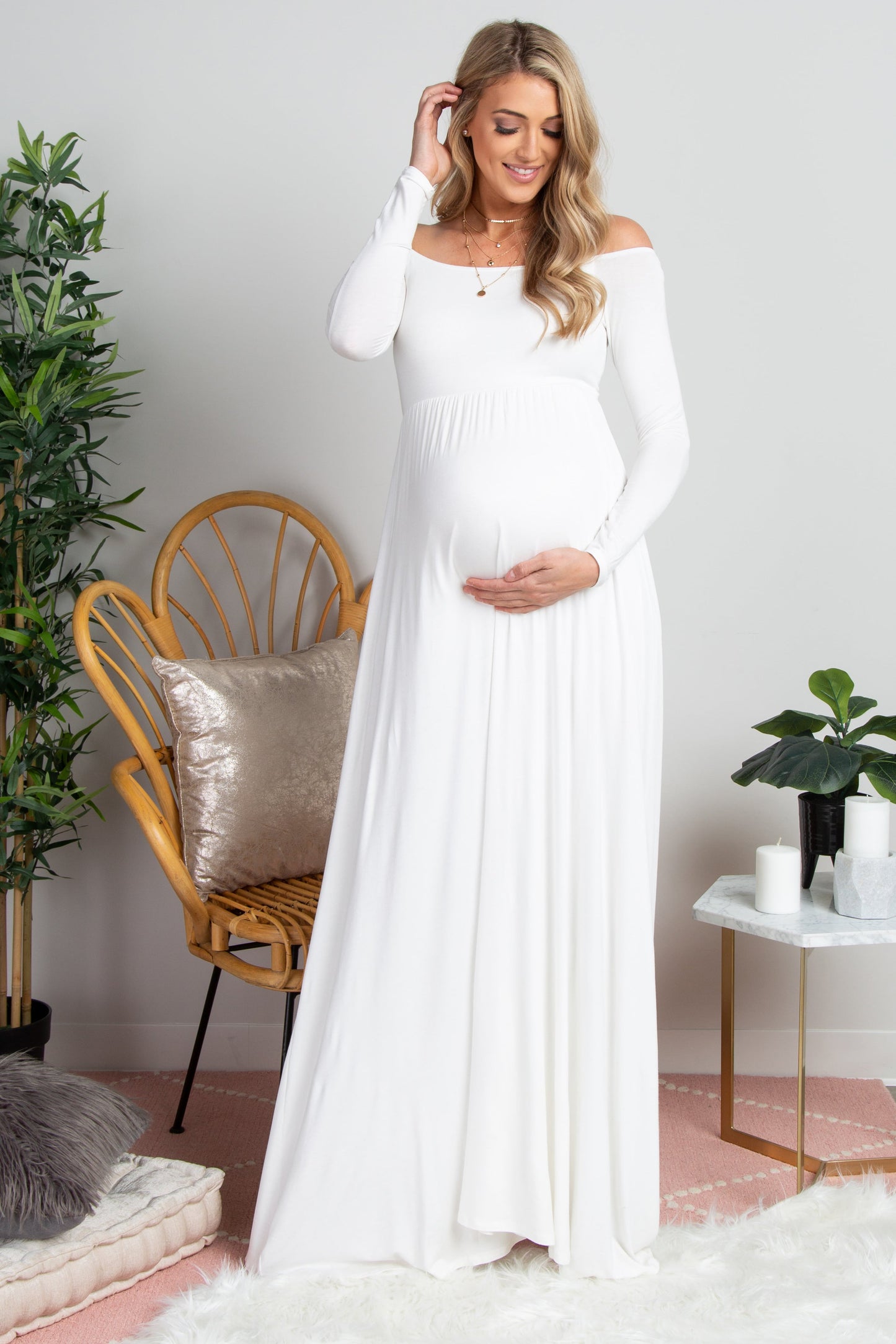 PinkBlush Tall Ivory Solid Off Shoulder Maternity Maxi Dress