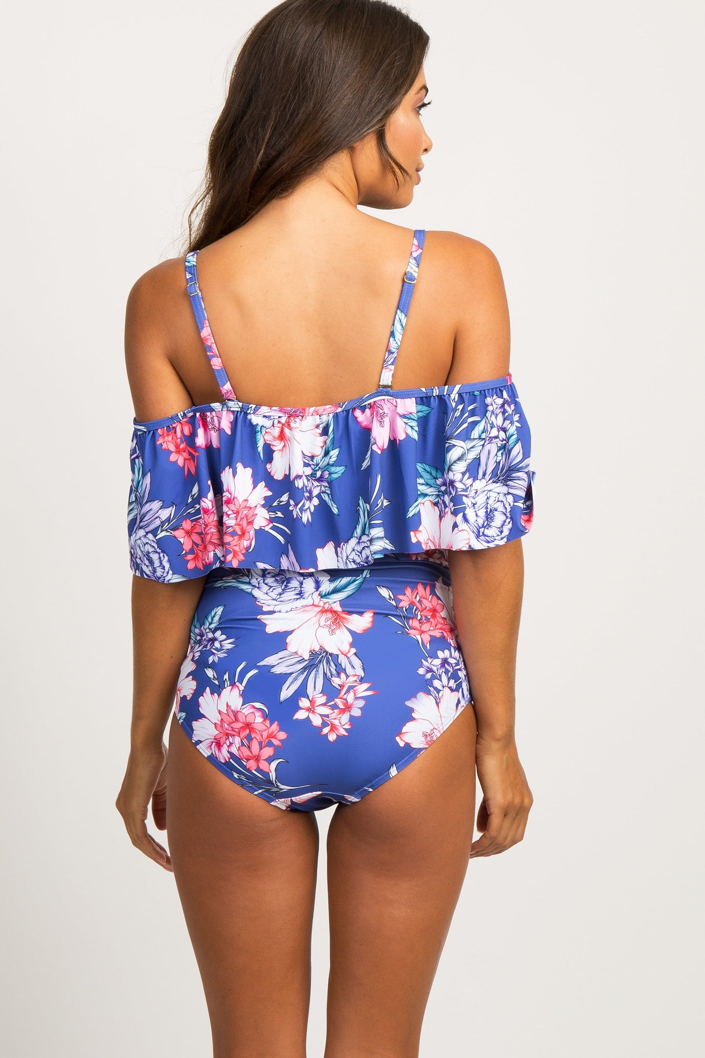 Periwinkle Floral Ruffle Trim Ruched One-Piece Maternity Swimsuit