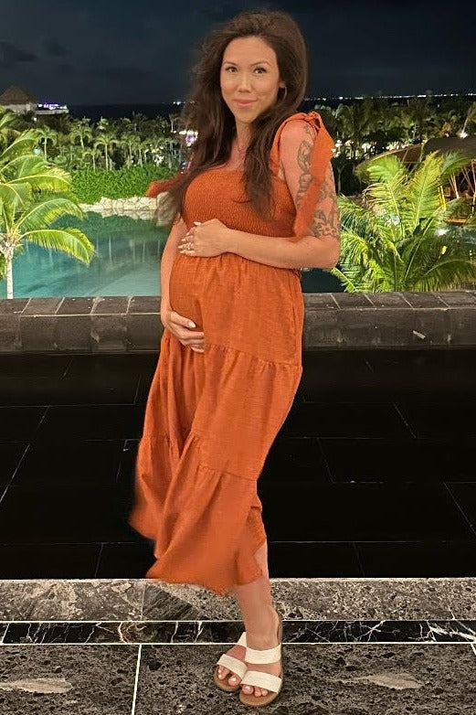 Rust Bow Strap Tiered Maternity Midi Dress