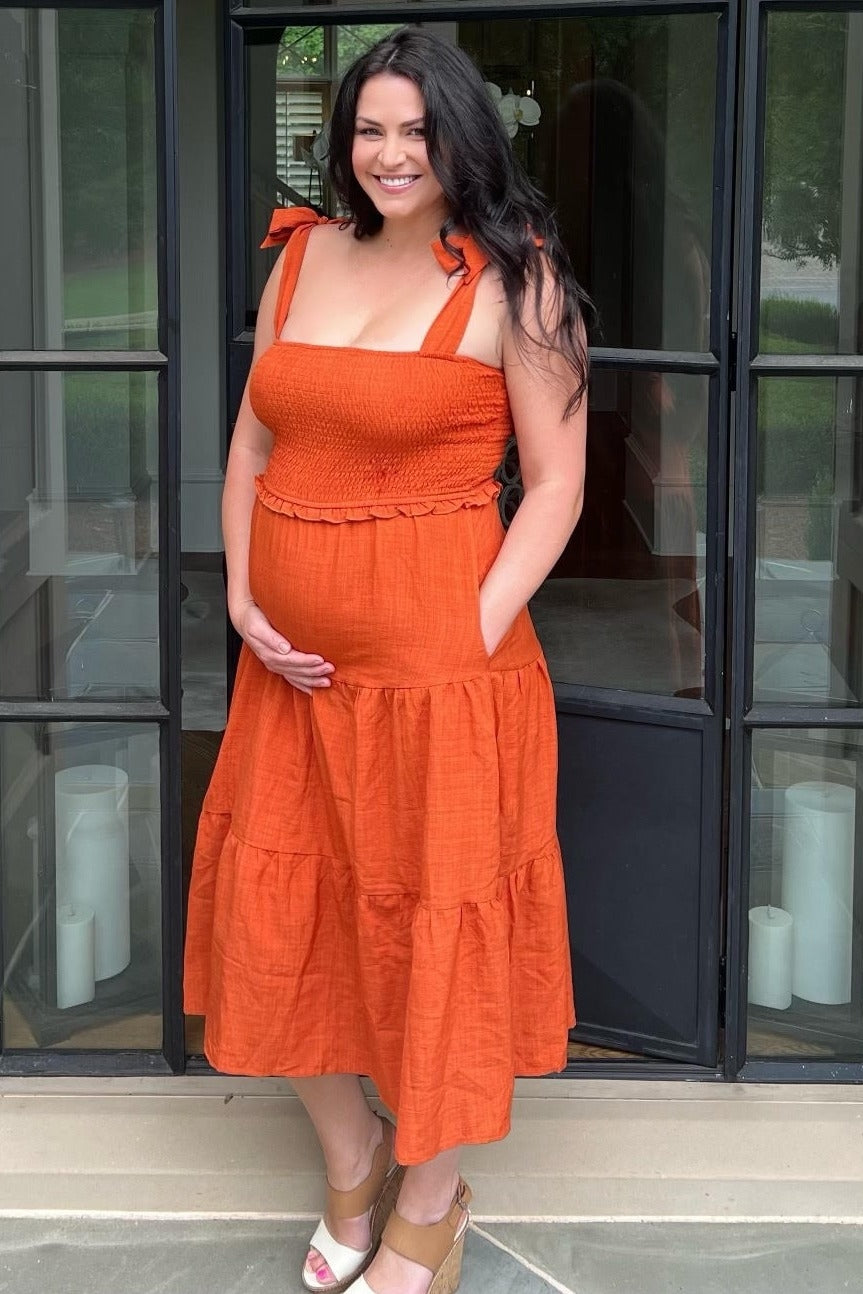 Rust Bow Strap Tiered Maternity Midi Dress