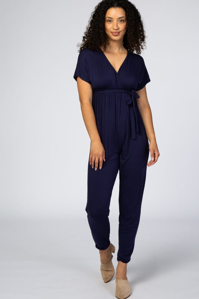 Navy Wrap Tie Maternity Jumpsuit