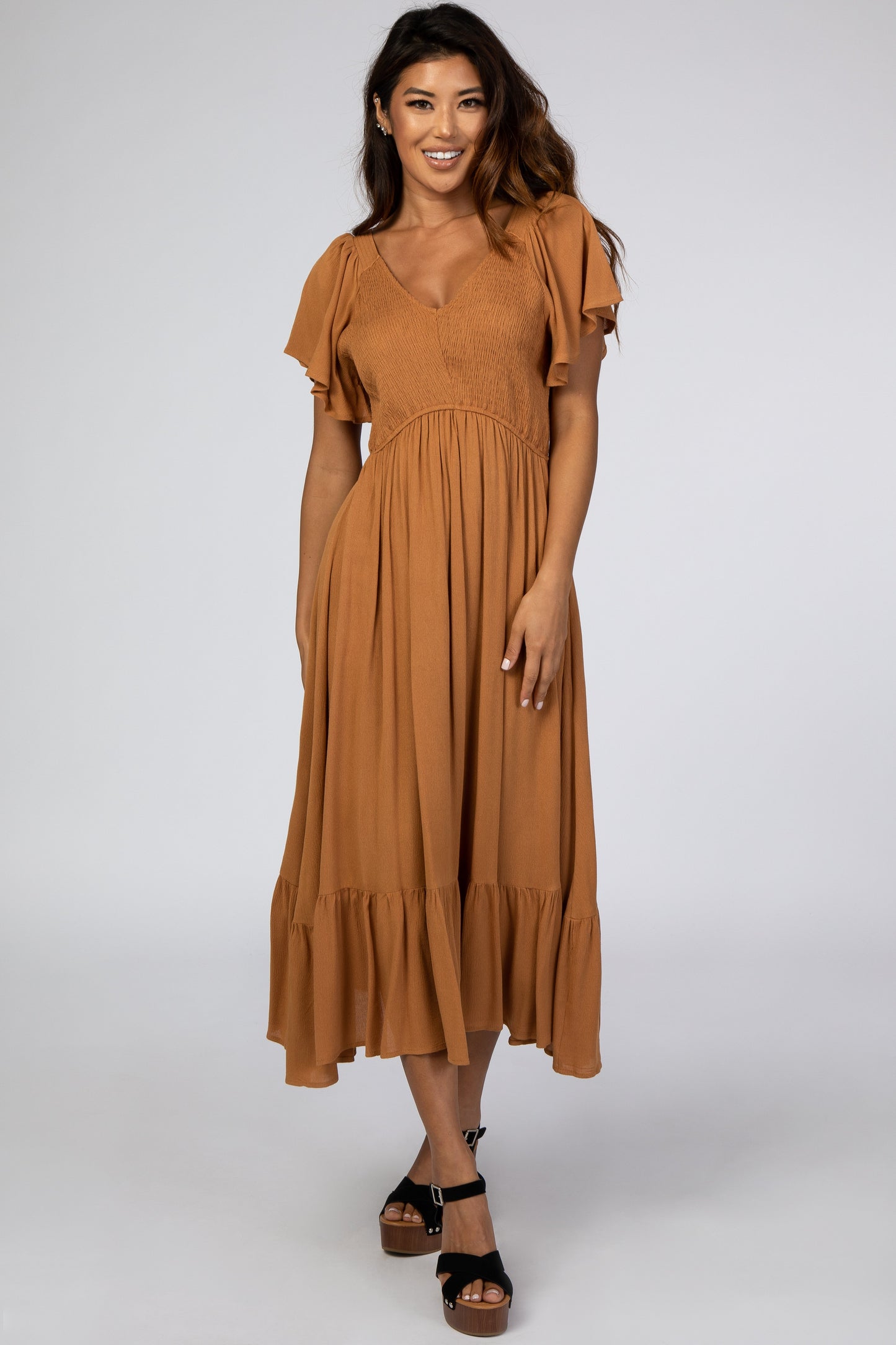 Camel Smocked V-Neck Maternity Midi Dress