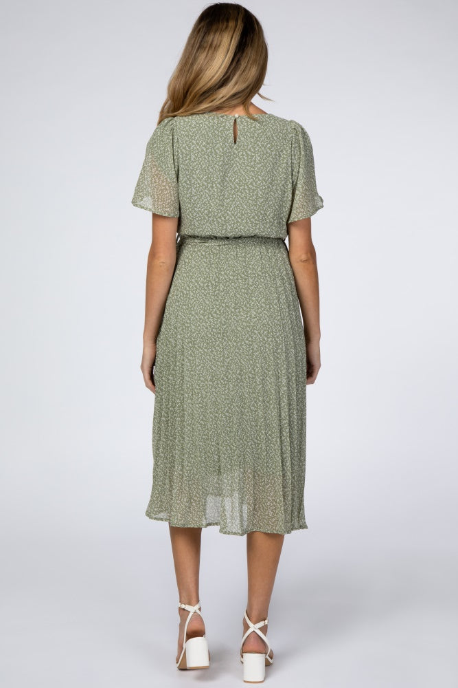 Light Olive Leaf Print Pleated Maternity Midi Dress