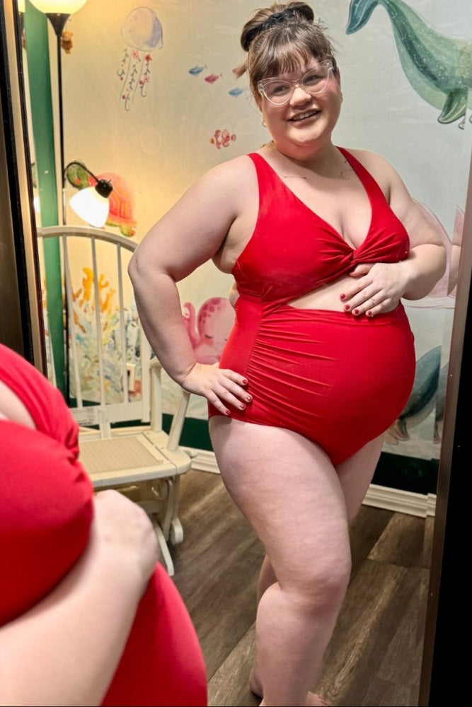 Red Ruched Sides Front Cutout Maternity One Piece Swimsuit