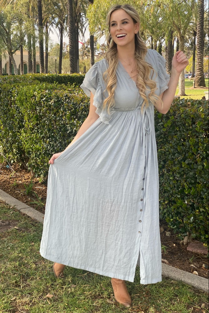 Light Blue Deep V-Neck Button Down Maternity Maxi Dress