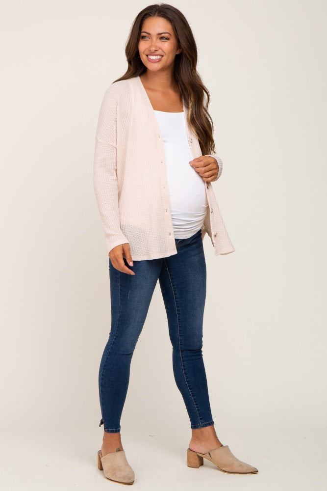 Beige Waffle Knit Button Down Maternity Top