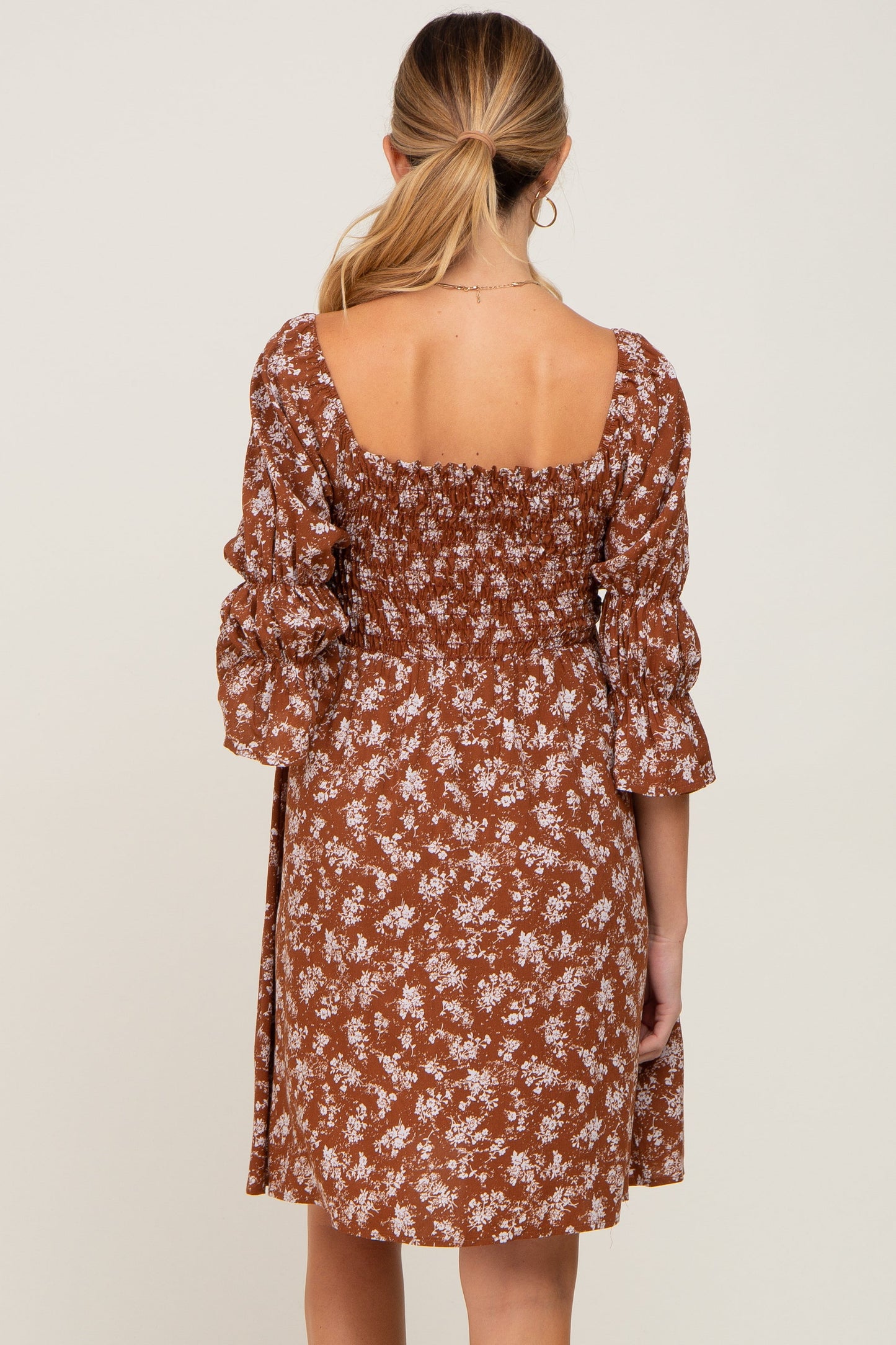 Brown Floral Ruffle Sleeve Smocked Maternity Dress
