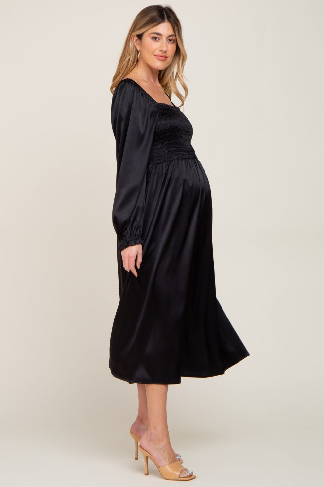 Black Smocked Square Neck Satin Maternity Midi Dress