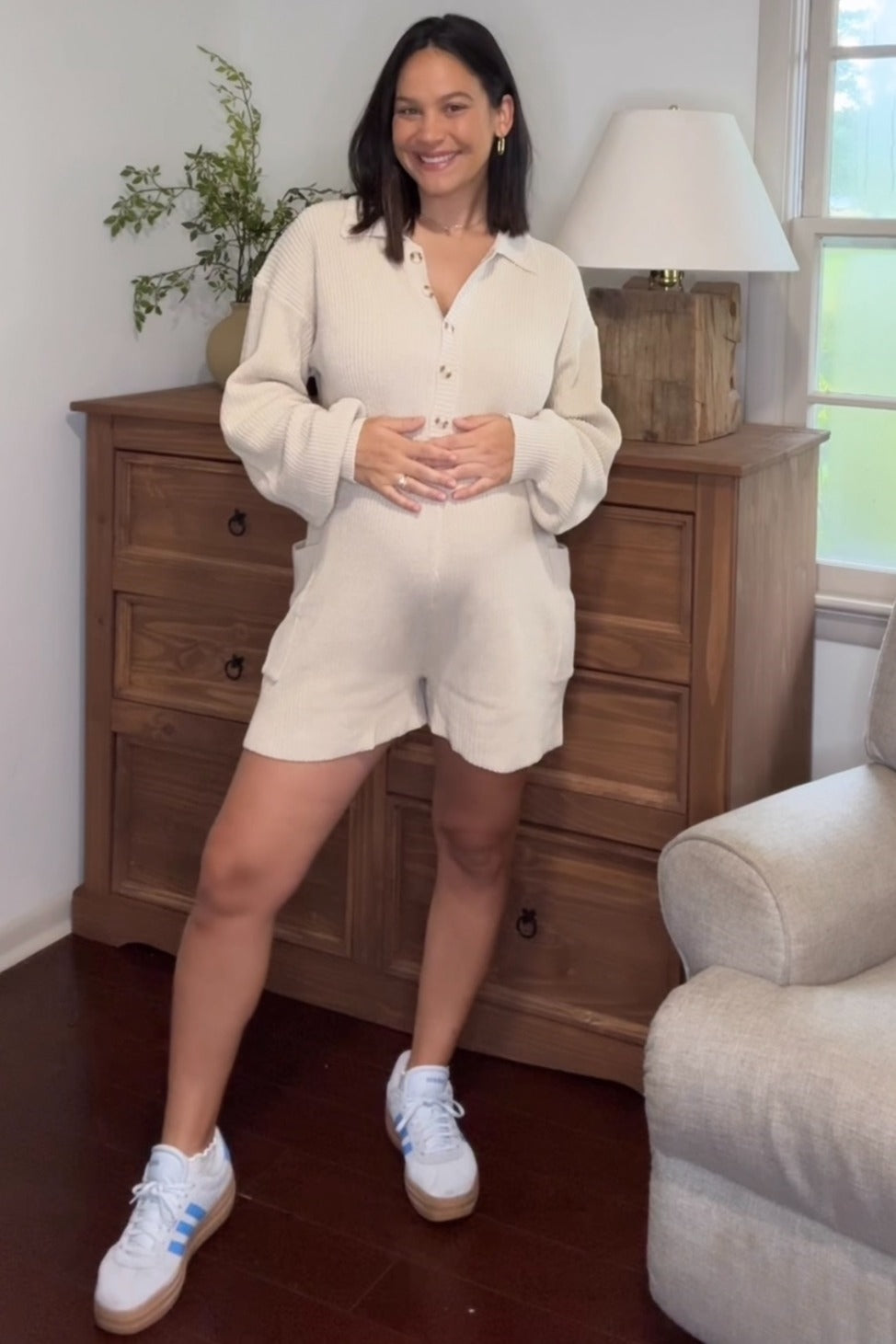 Cream Button Down Maternity Sweater Romper