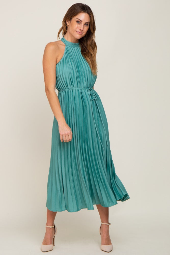 Mint Green Pleated Maternity Halter Dress