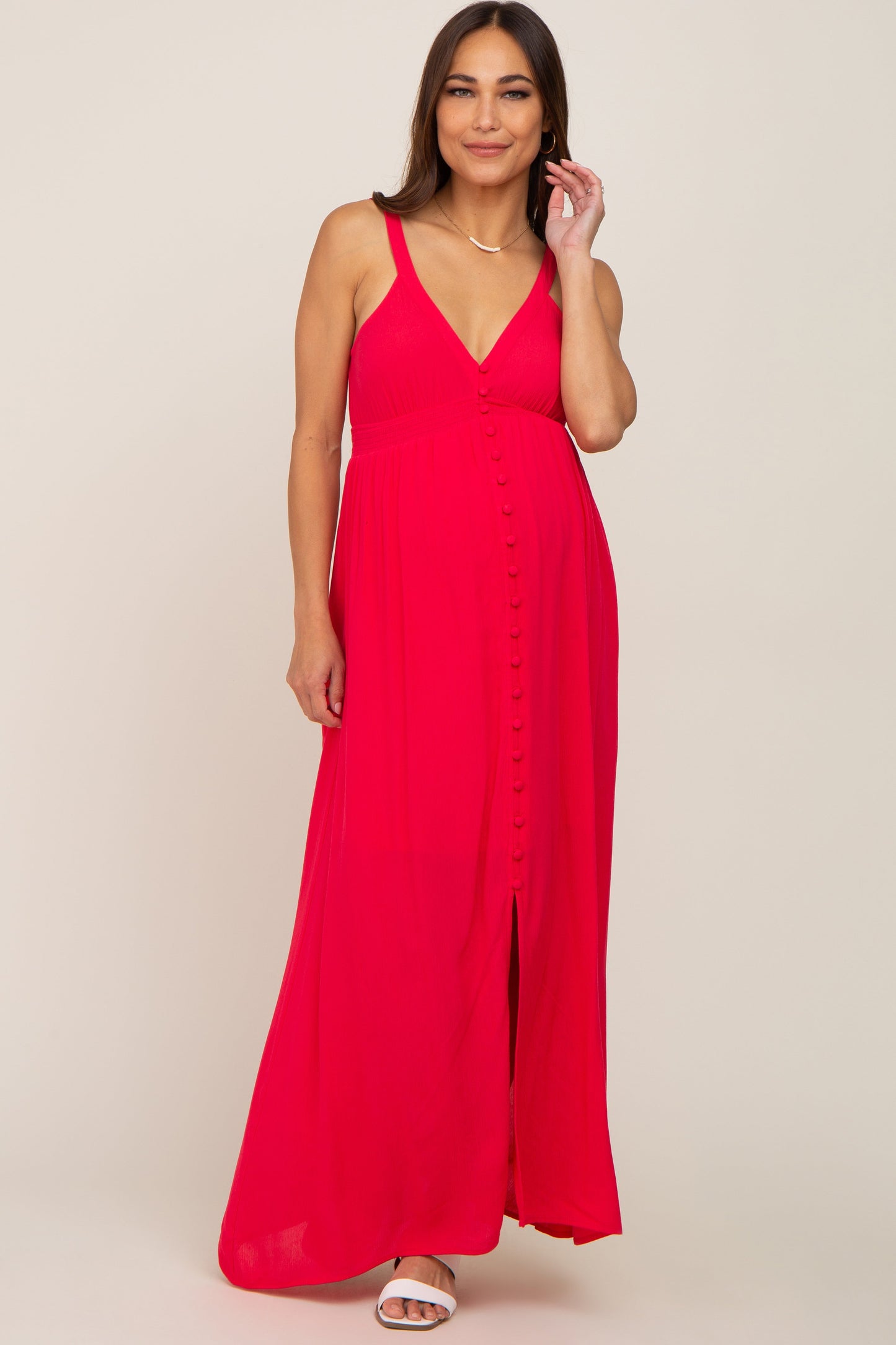 Fuchsia Button Front Accent Maternity Maxi Dress