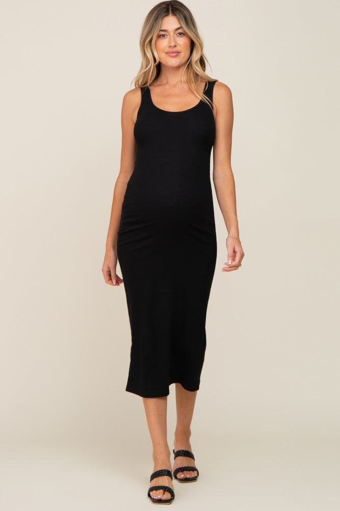 Black Ribbed Basic Maternity Maxi Dress