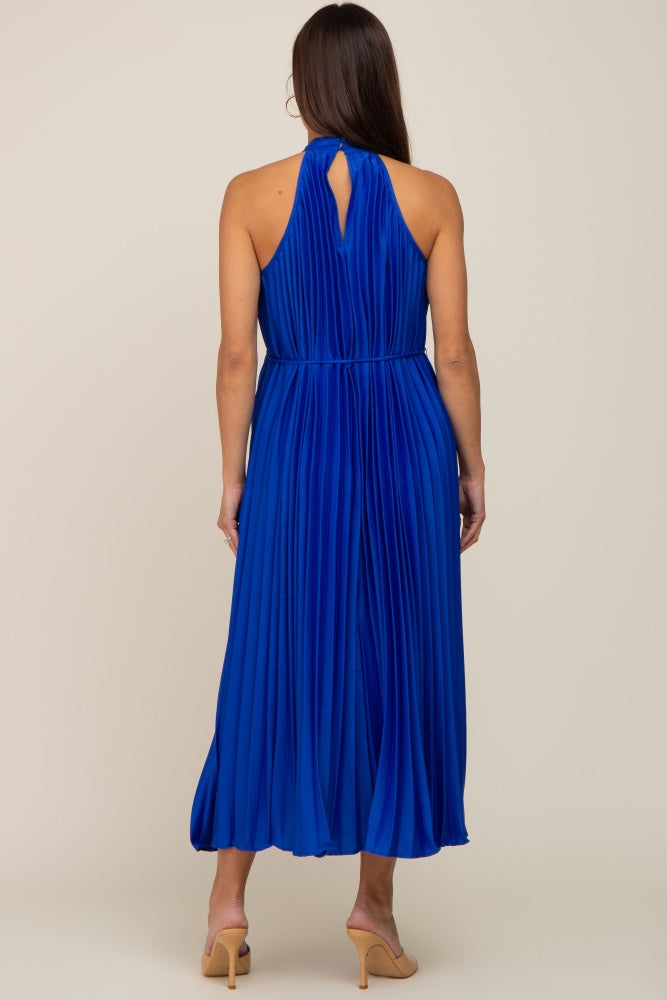 Royal Blue Pleated Maternity Halter Dress
