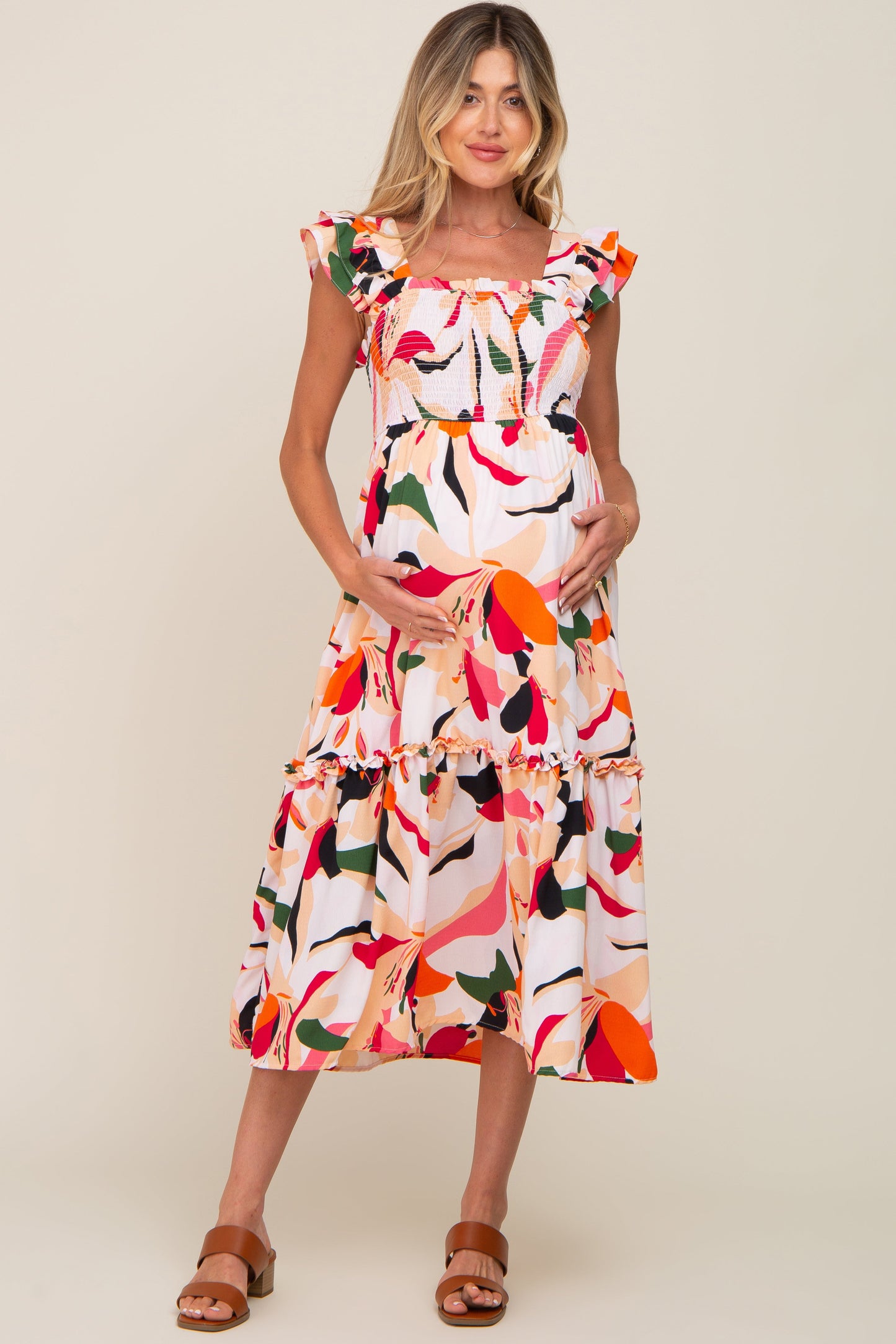 Ivory Floral Smocked Ruffle Tier Maternity Midi Dress