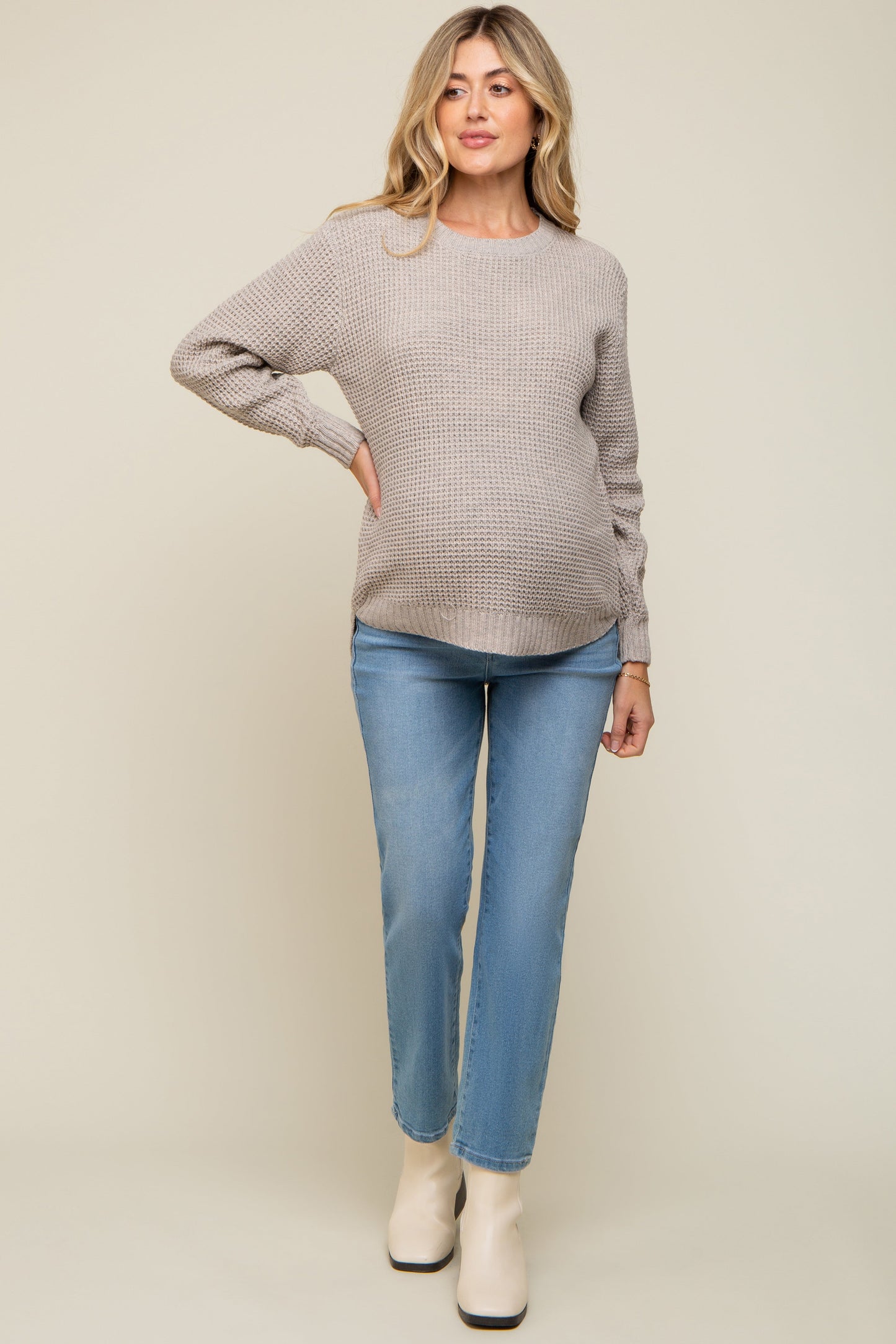 Taupe Waffle Knit Round Hem Maternity Sweater