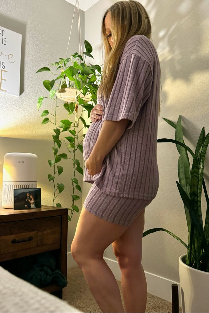 Purple Ribbed Soft Short Sleeve Maternity Shorts Set