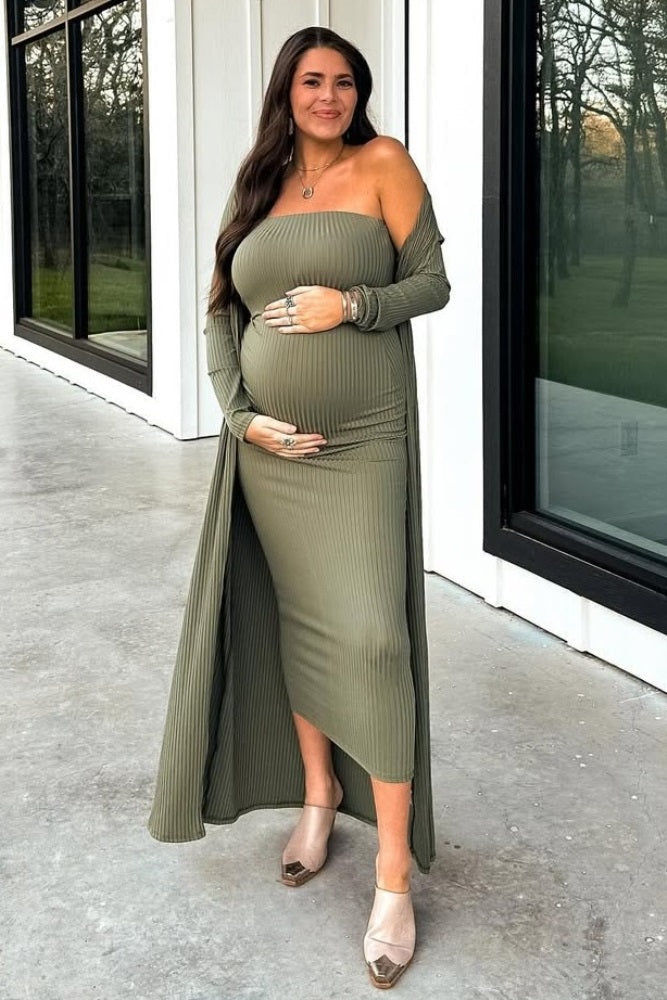 Olive Ribbed Sleeveless Dress Cardigan Maternity Set