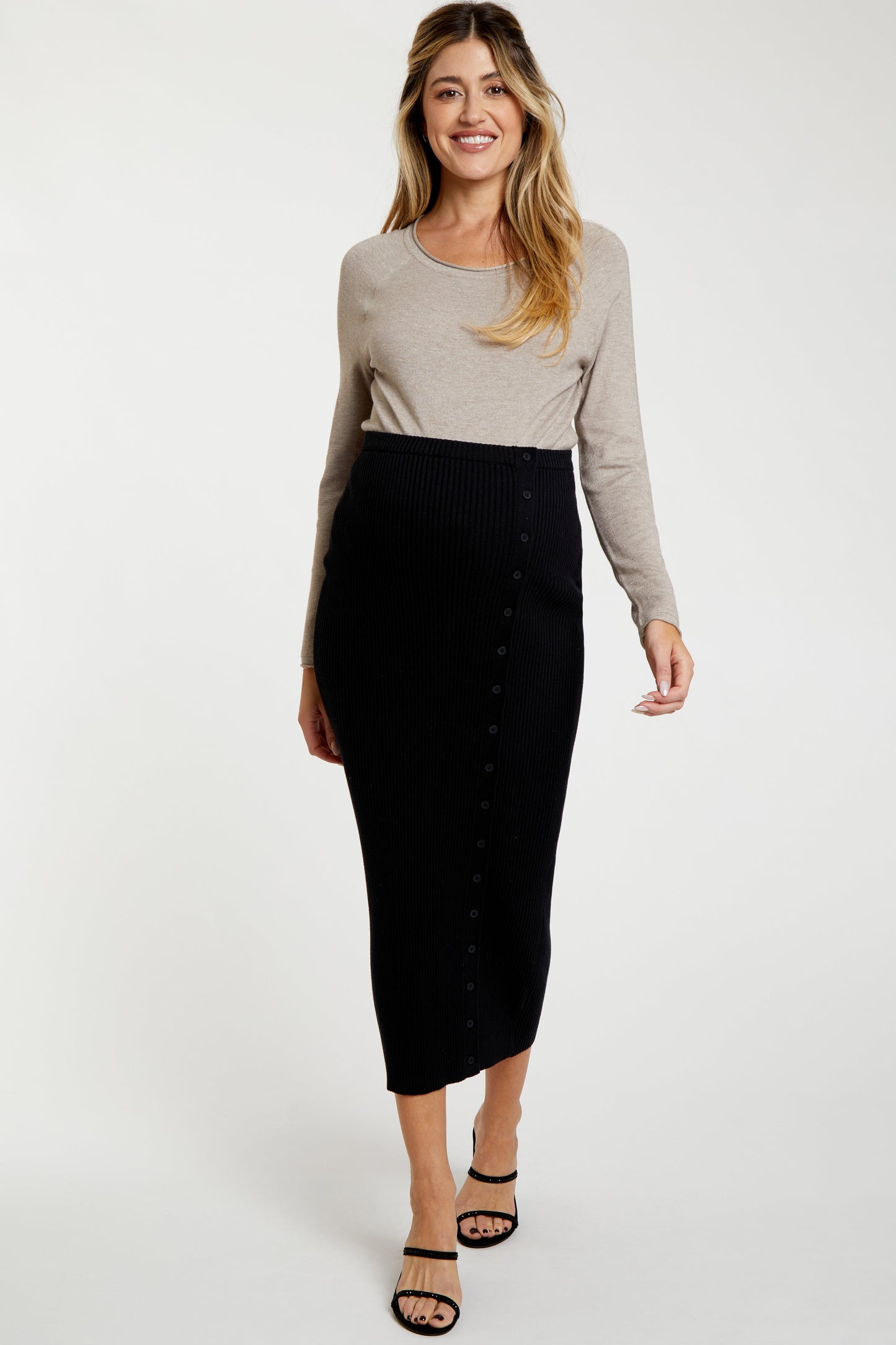 Black Rib Knit Side Button Maternity Maxi Skirt
