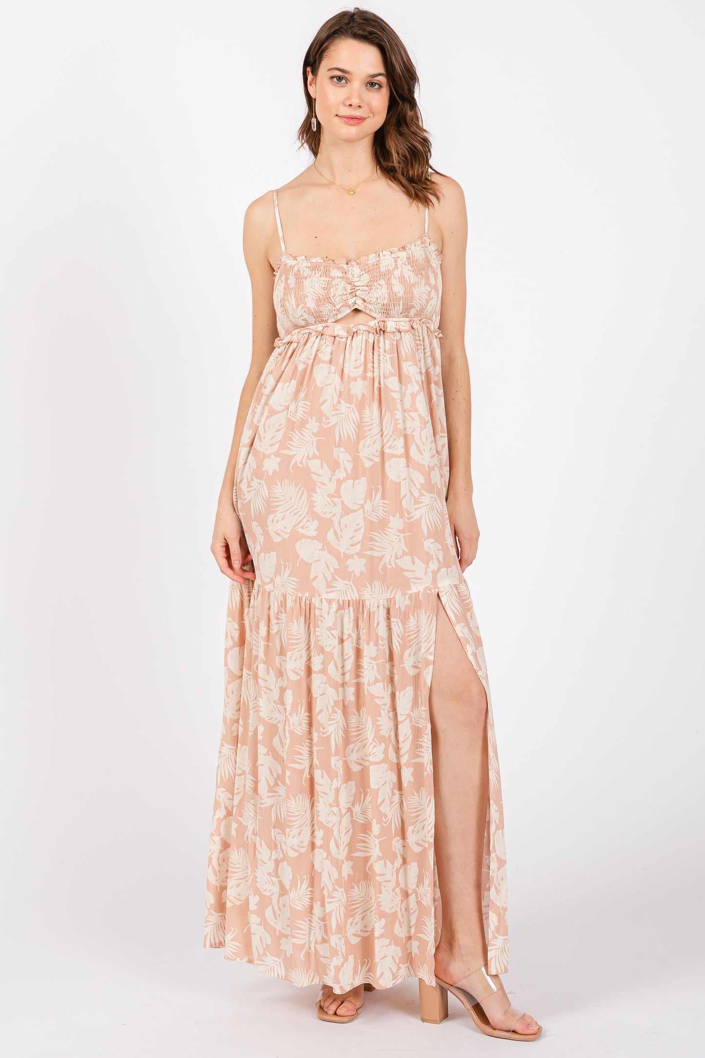 Light Pink Floral Sweetheart Smocked Front Cutout Maternity Maxi Dress