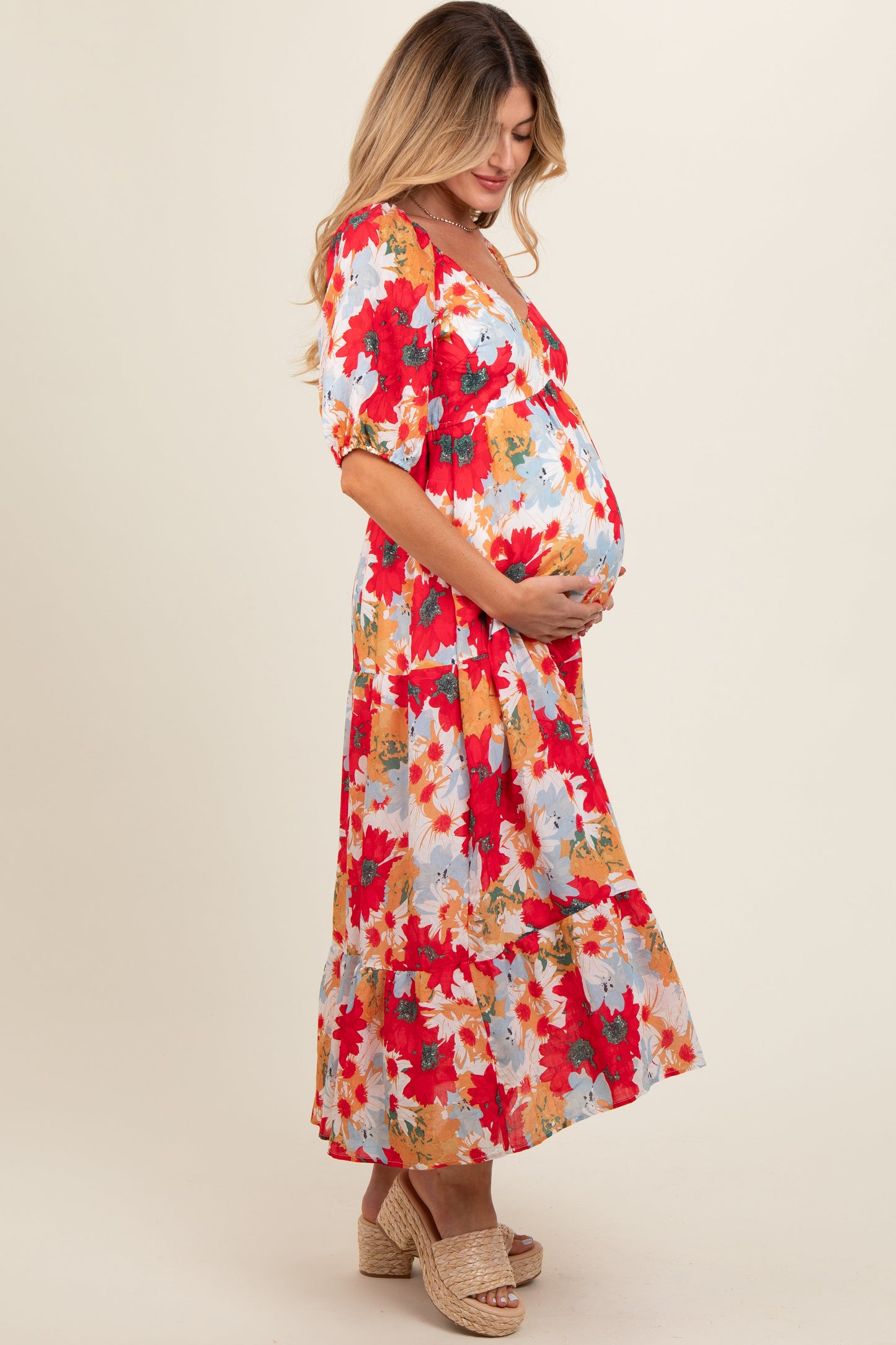 Red Floral V-Neck Short Puff Sleeve Tiered Maternity Midi Dress