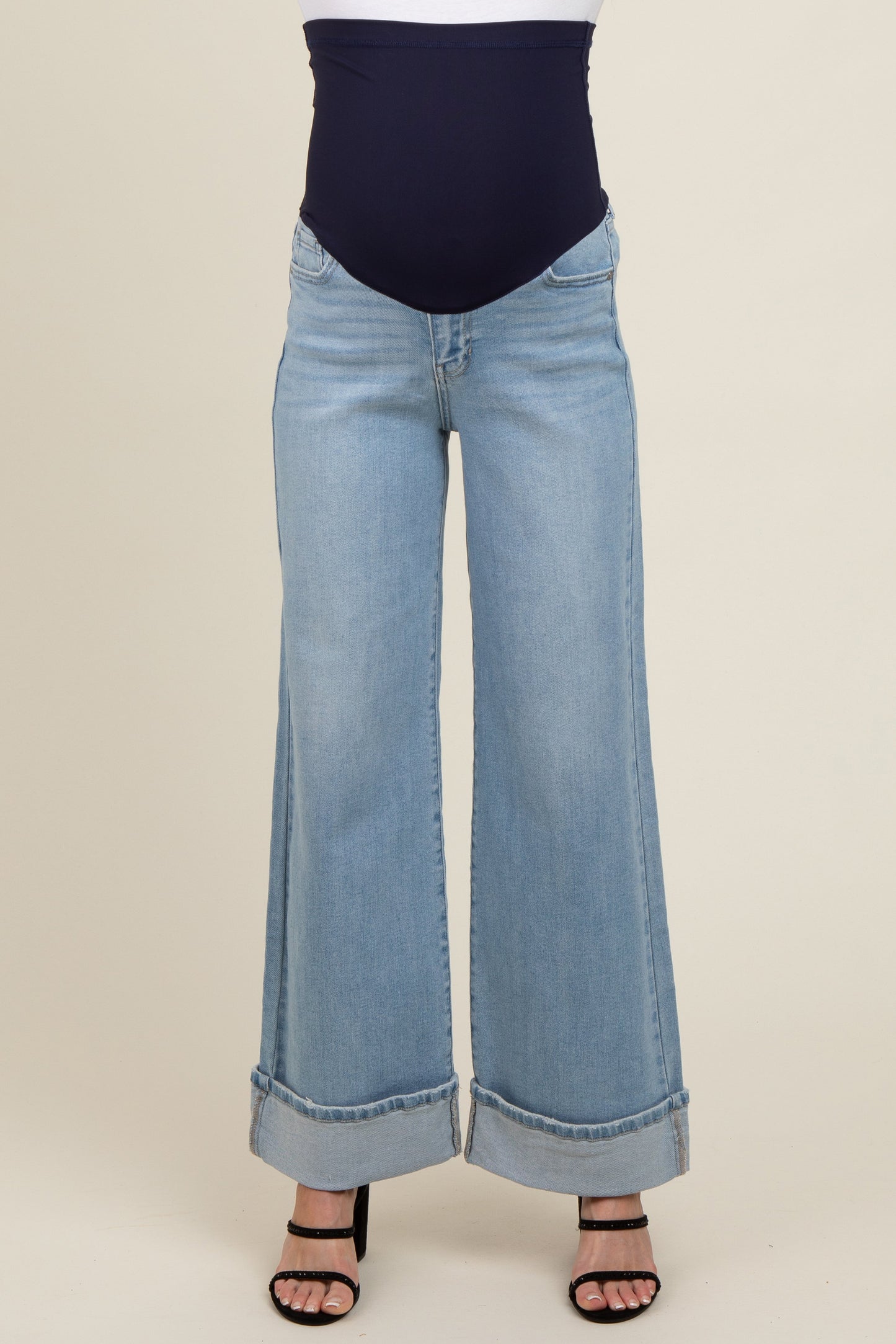 Light Blue Cuffed Maternity Wide Leg Jeans
