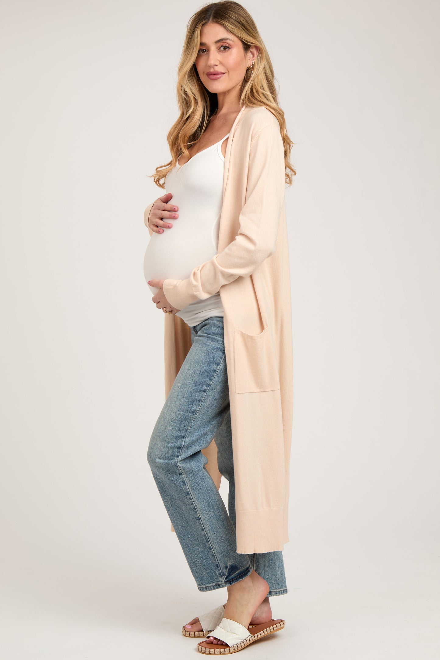 Cream Long Maternity Cardigan