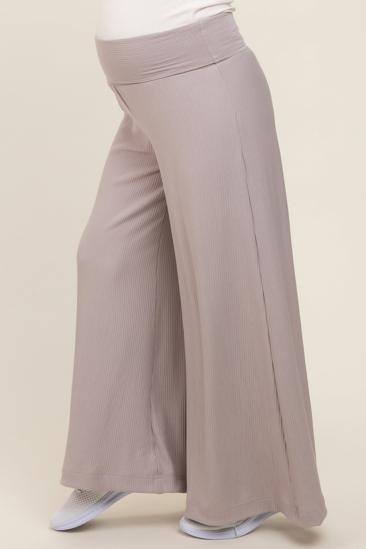 Grey Ribbed Foldover Waist Maternity Wide Leg Pants