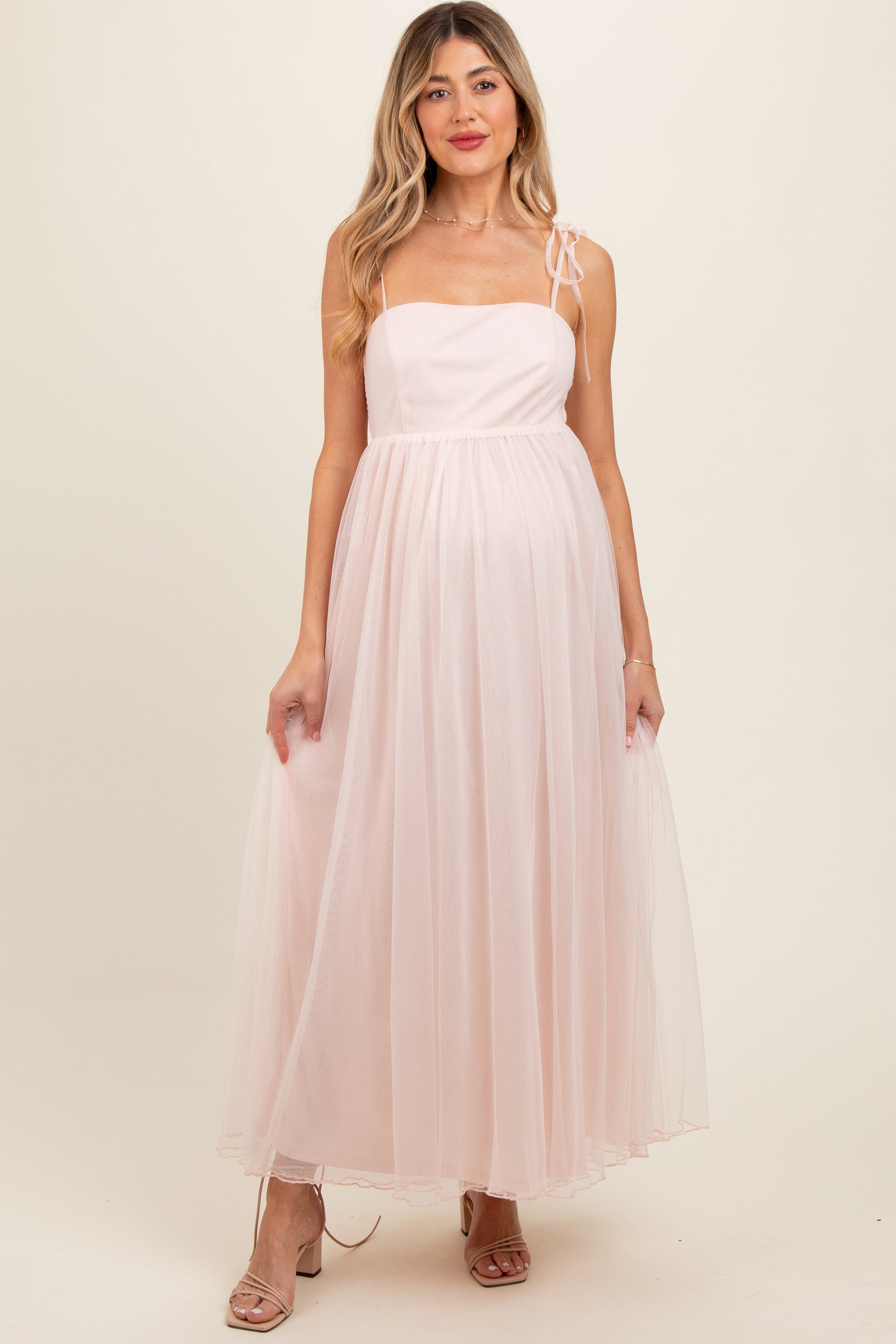 Light Pink Square Neck Shoulder Tie Tulle Maternity Maxi Dress