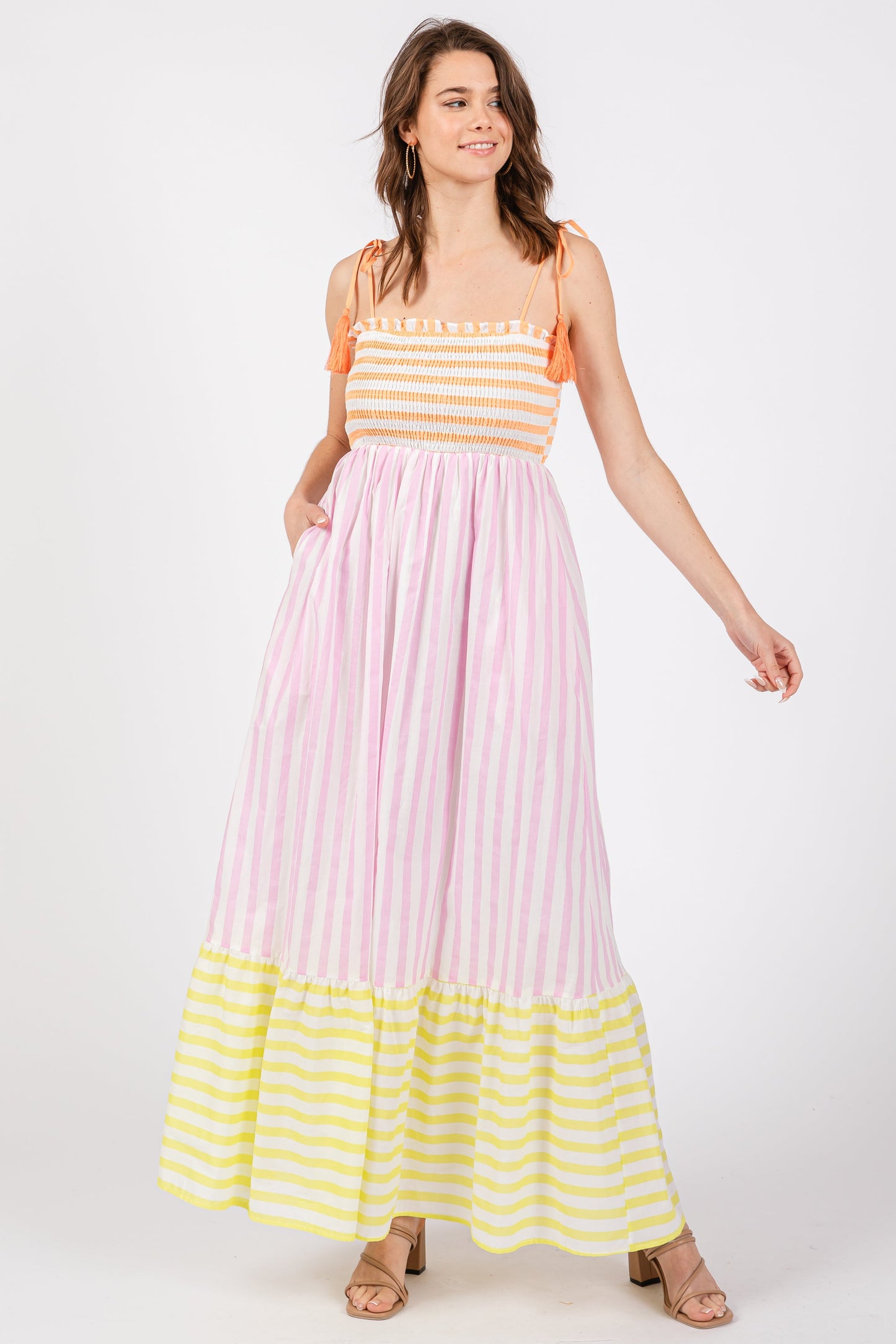 Multi-Color Striped Color Block Shoulder Tie Maternity Maxi Dress