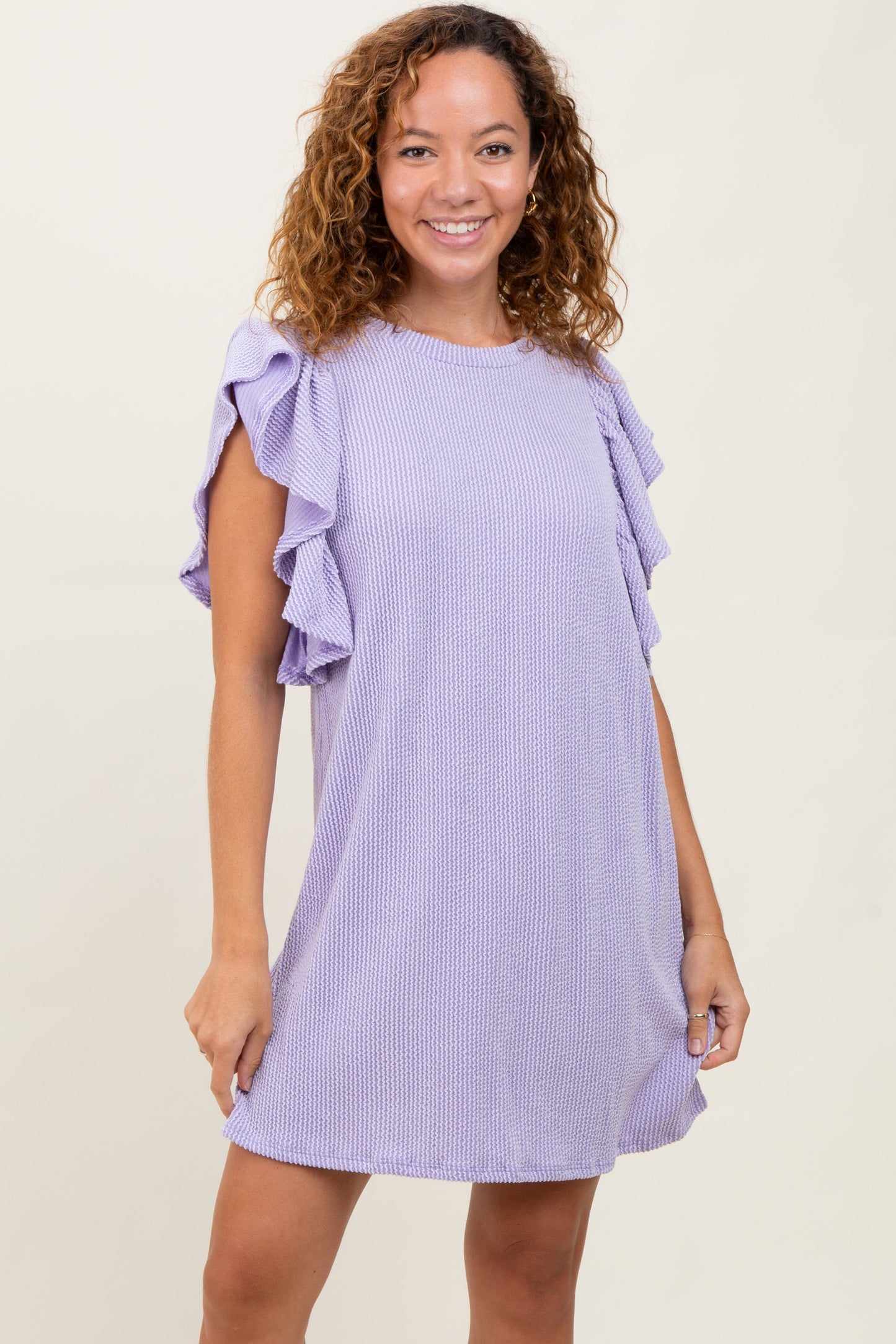 Lavender Ribbed Ruffle Sleeve Maternity Dress