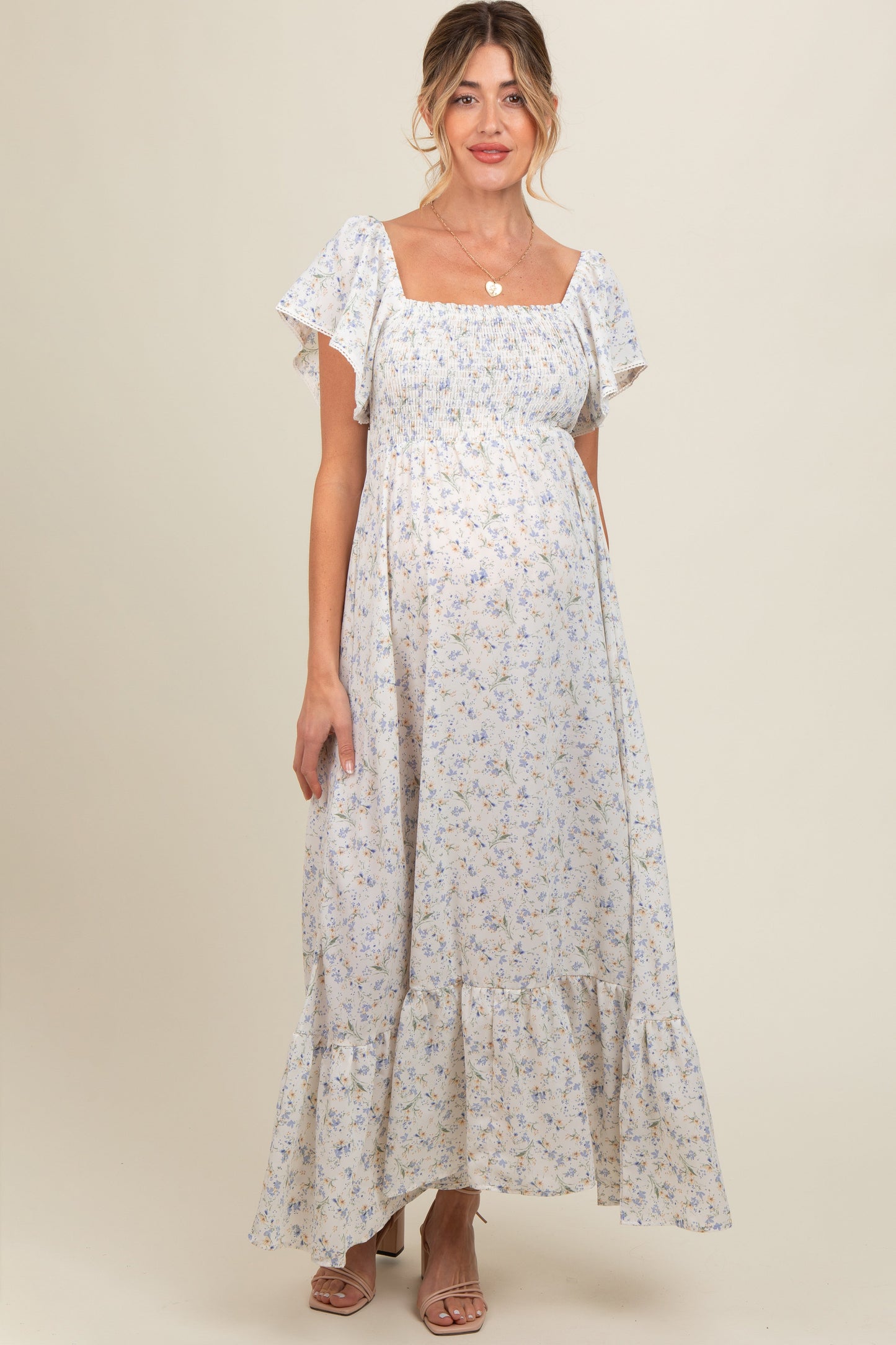 Ivory Floral Smocked Crochet Trim Maternity Dress