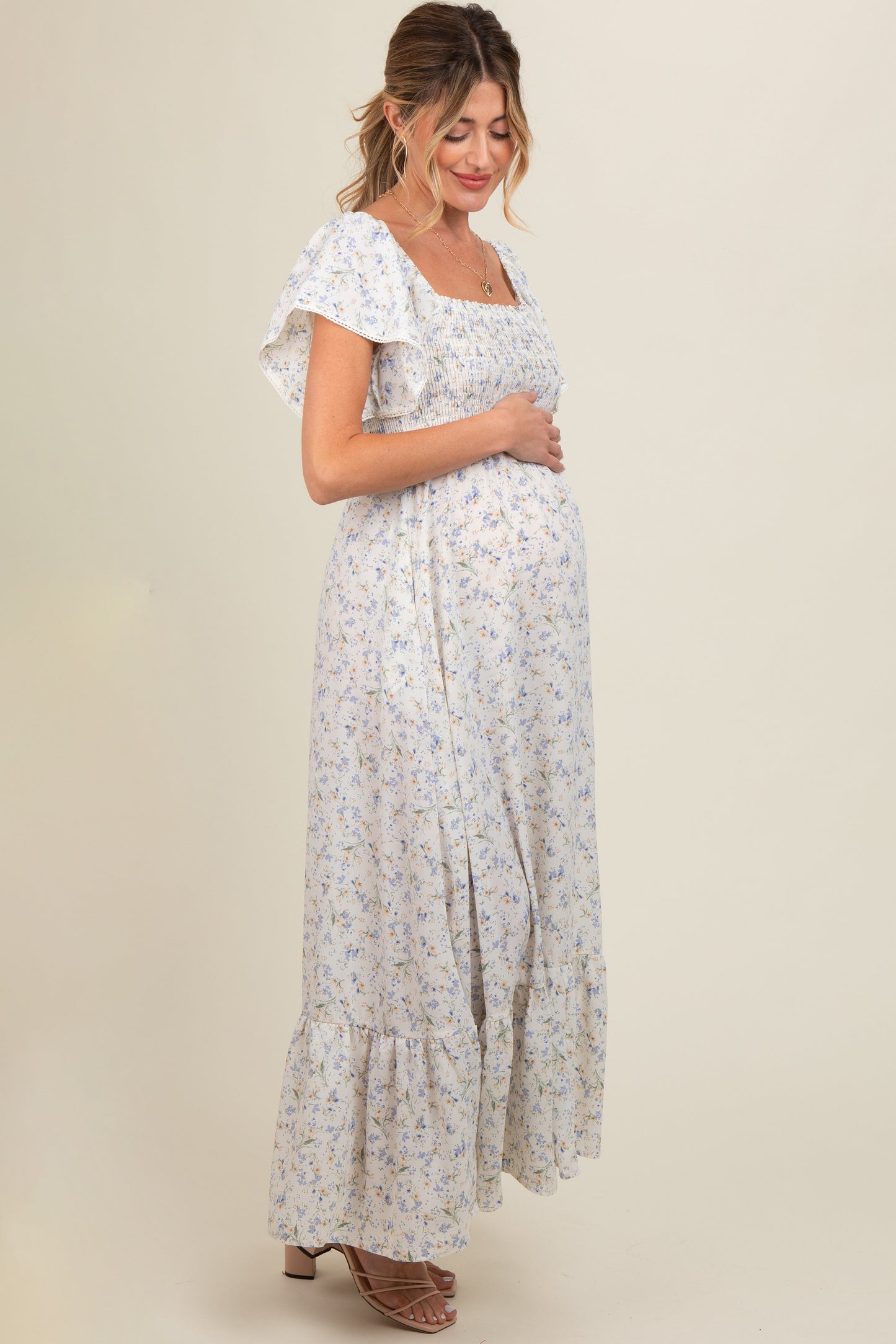 Ivory Floral Smocked Crochet Trim Maternity Dress