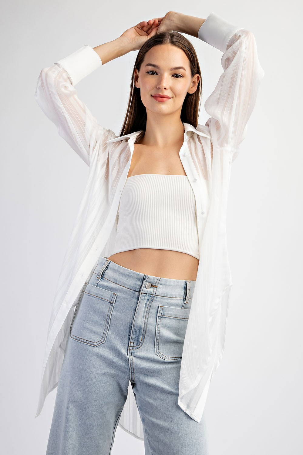 White Sheer Stripe Button Down Maternity Blouse