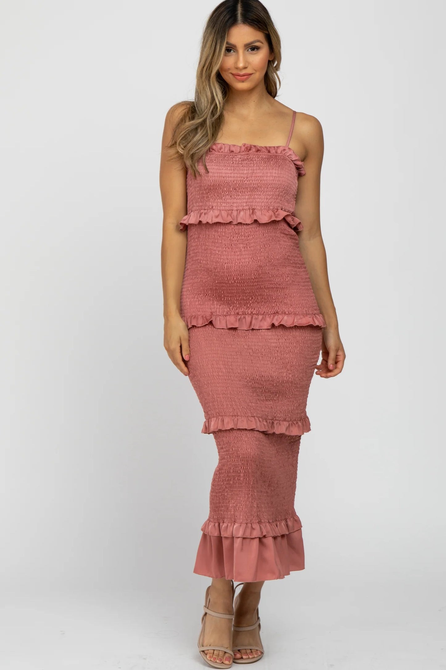 Mauve Satin Smocked Fitted Maternity Midi Dress