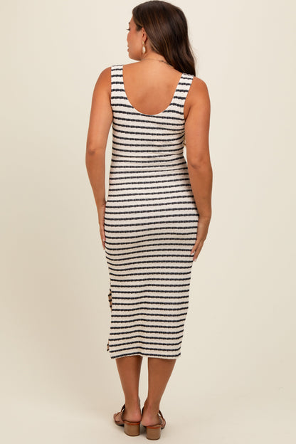 Navy Blue Striped Side Slit Maternity Midi Dress