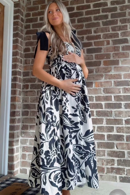 Black Floral Smocked Shoulder Tie Maternity Midi Dress