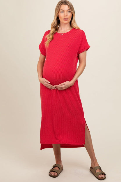Red Ribbed Short Sleeve Maternity Midi Dress