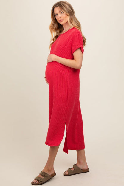 Red Ribbed Short Sleeve Maternity Midi Dress