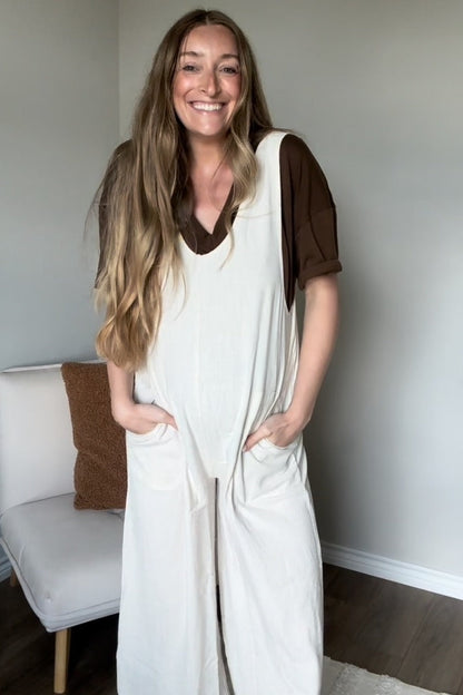 Beige V-Neck Wide Leg Maternity Jumpsuit