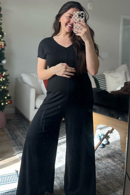 Black Ribbed Wide Leg Maternity Jumpsuit