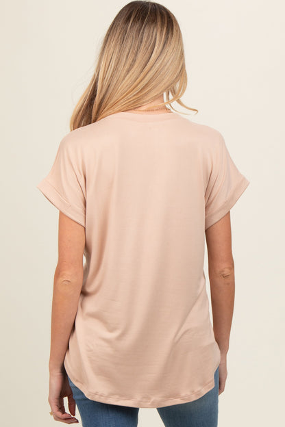 Beige V-Neck Pocket Short Sleeve Maternity Shirt