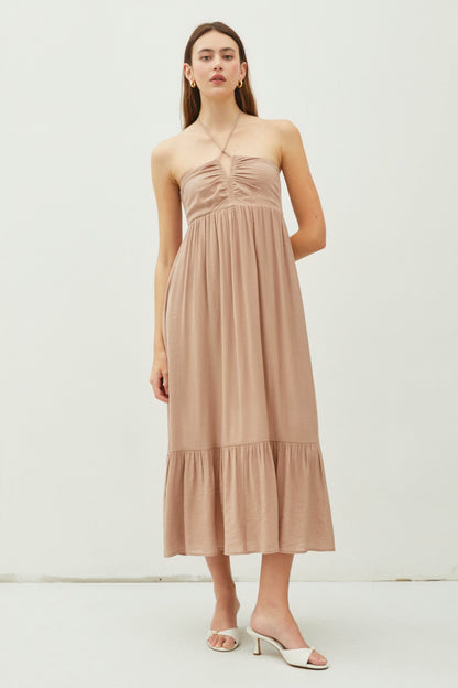Taupe V-Front Halter Maternity Midi Dress