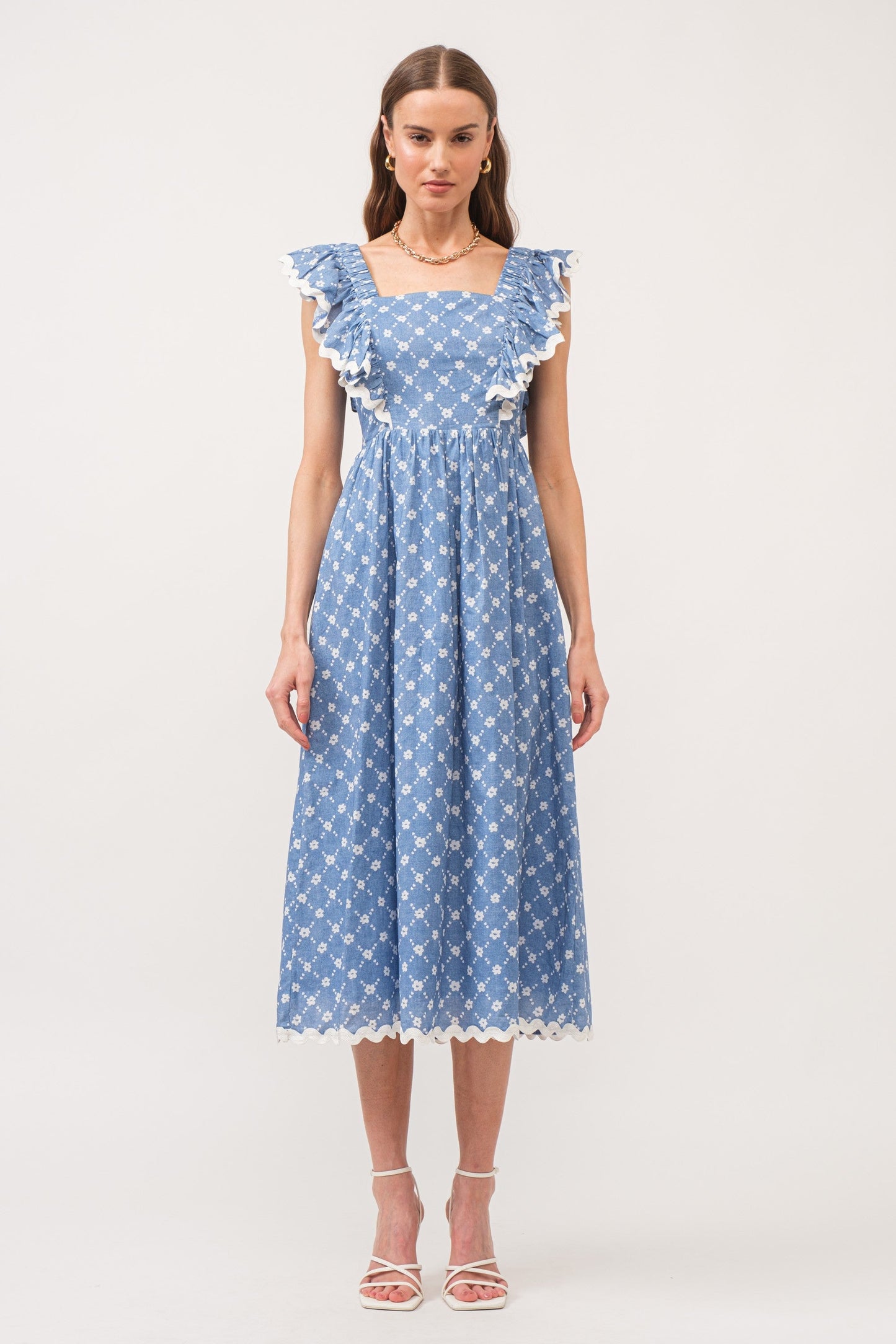 Blue Printed Ruffle Trim Maternity Maxi Dress