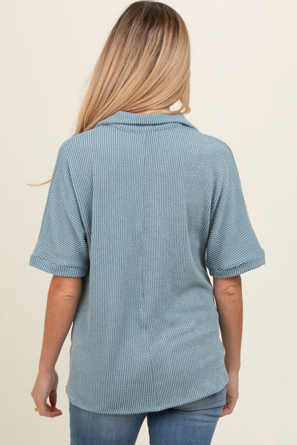 Blue Ribbed Collared Maternity Top