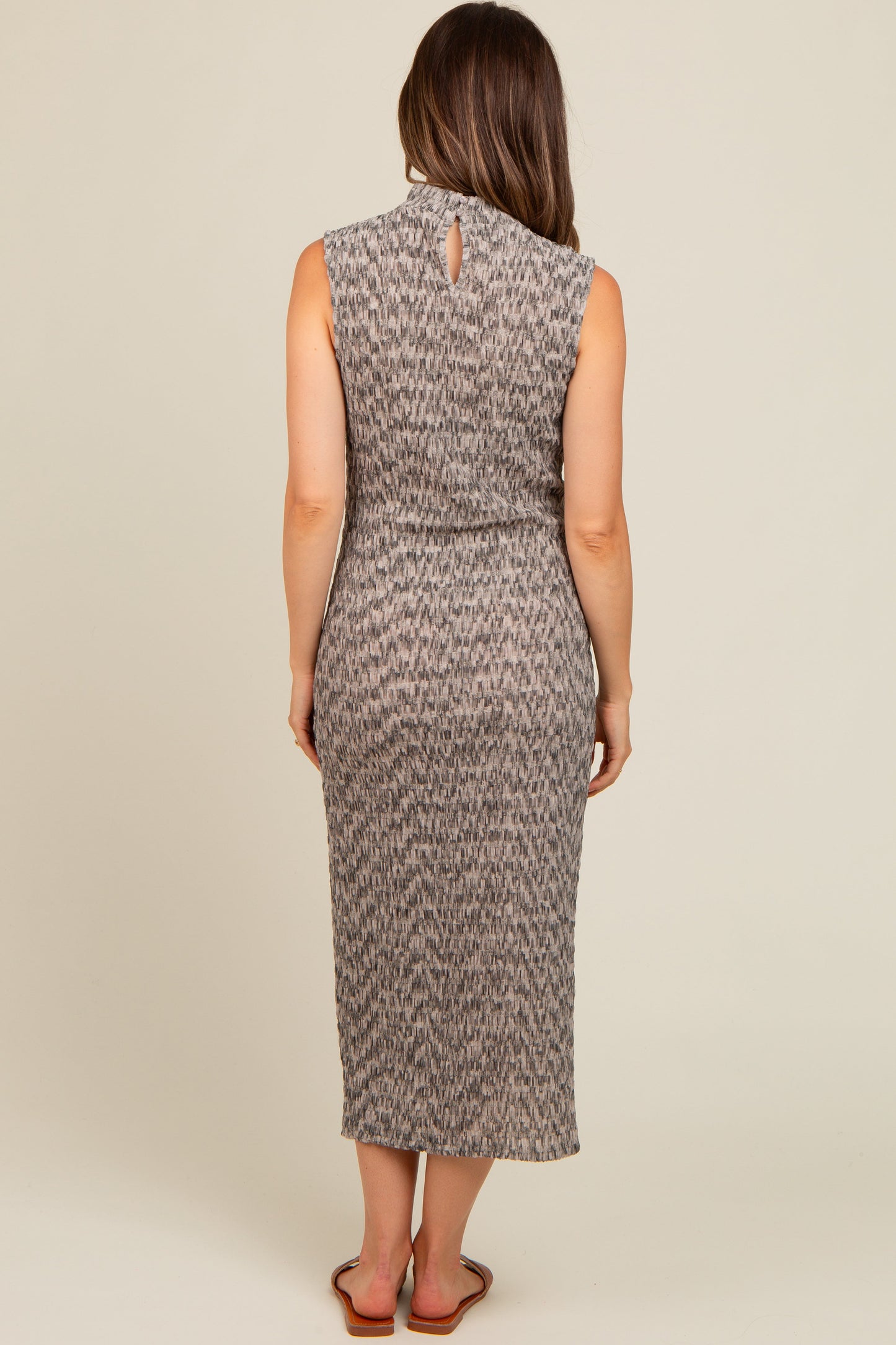 Grey Textured Knit Mock Neck Maternity Midi Dress